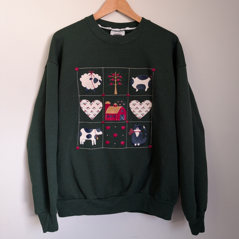 Vintage Grandmacore Crewneck Sweatshirt Womens XL Fall Farm Cottagecore Cat